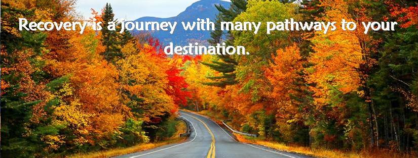 Picture of a tree lined road in autumn with the text "Recovery is a journey with many pathways to your destination.