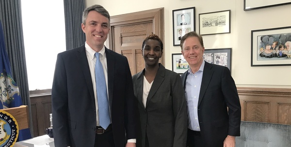 Commissioner Geballe, Andrea Barton Reeves, and Governor Lamont