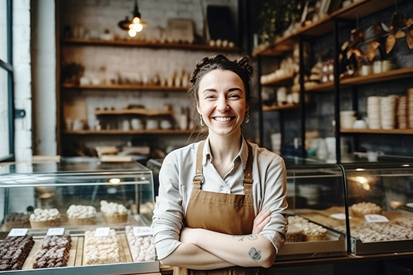 Cheerful female baker working at her shop