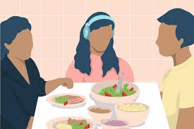 Graphic of three people sitting around a table eating; one is wearing headphones