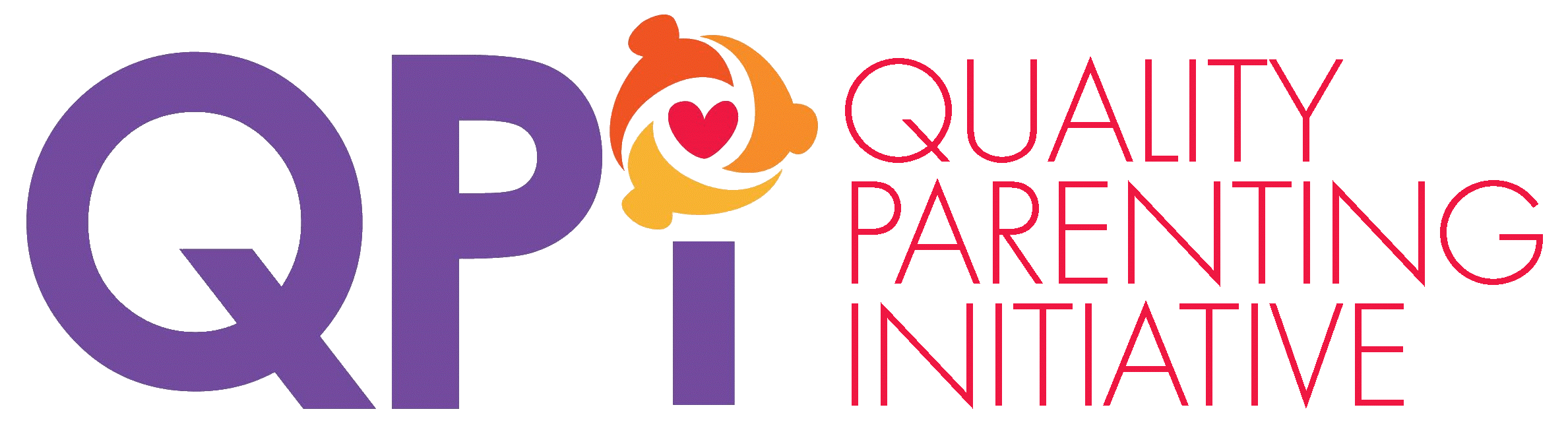Text and logo for the Quality Parenting Initiative (QPI) - "QPI" is written in purple and the 'i' is dotted with human figures surrounding a heart; "Quality Parenting Initiative" is written in red
