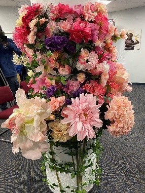 Bouquet of pink flowers in a jar