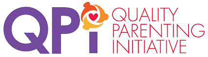 The QPI logo appears, with the text "QPI" in purple.  The I is dotted with a heart surrounded by three people.  Also includes "Quality Parenting Initiative" in red.