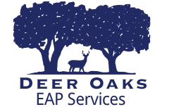 Logo for Deer Oaks EAP Service, a deer in front of oak trees.  The text and graphic are in navy blue.
