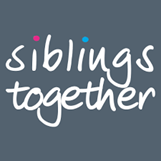 The words "siblings together" appears in white on a greyish blue background.  The dots to the two i's in "siblings" are blue and pink.